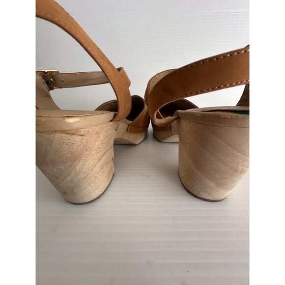 LOFT Tan Beige Leather Wood Heel Platform Ankle Strap Clogs 8 M - Picture 6 of 8